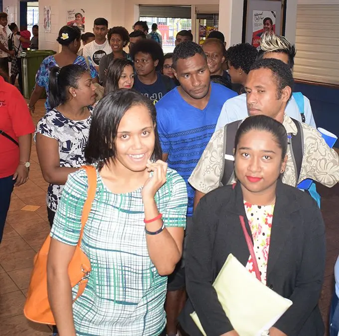 Youth wait in line to register at National Job fair at FMF Gym on April 24, 2019. Photo: Ronald Kumar.