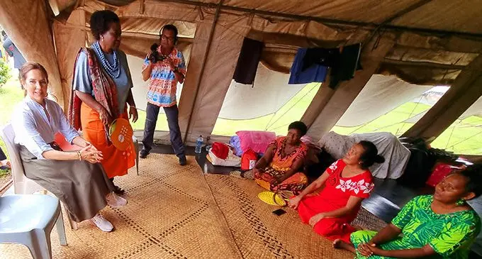 The Crown Princess of Denmark, Mary Elizabeth (left) with women of Nabavatu in Dreketi, Macuata during her visit to the North on April 25,2023. Photo: DEPTFO