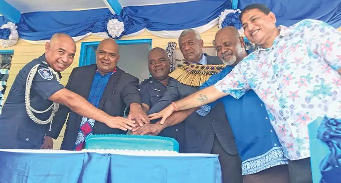 Minister for Home Affairs and Immigration Pio Tikoduadua, third from right, with delegates during the opening of the Police Community Post at Naduri, Macuata on April 14, 2023. Photo: Shratika Naidu