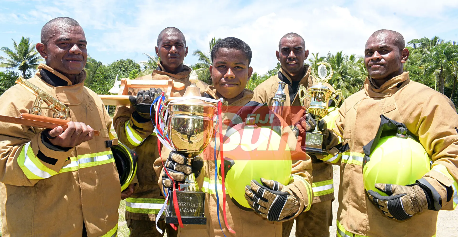 National Fire Authority pass out parade, (from left) Joeli Lesivanawa with most outstanding division on parade award,  Akuila Ciqa with best all rounder award, Neli Vugakoto with highest aggregate award,  Best Student in Drill, Vereti Naruku with best Student in drill and Eremodo Ratu with best barrack inspection award at at Navy Training base in Togalevu Veisari, Lami on December 11, 2019. Photo: Ronald Kumar.