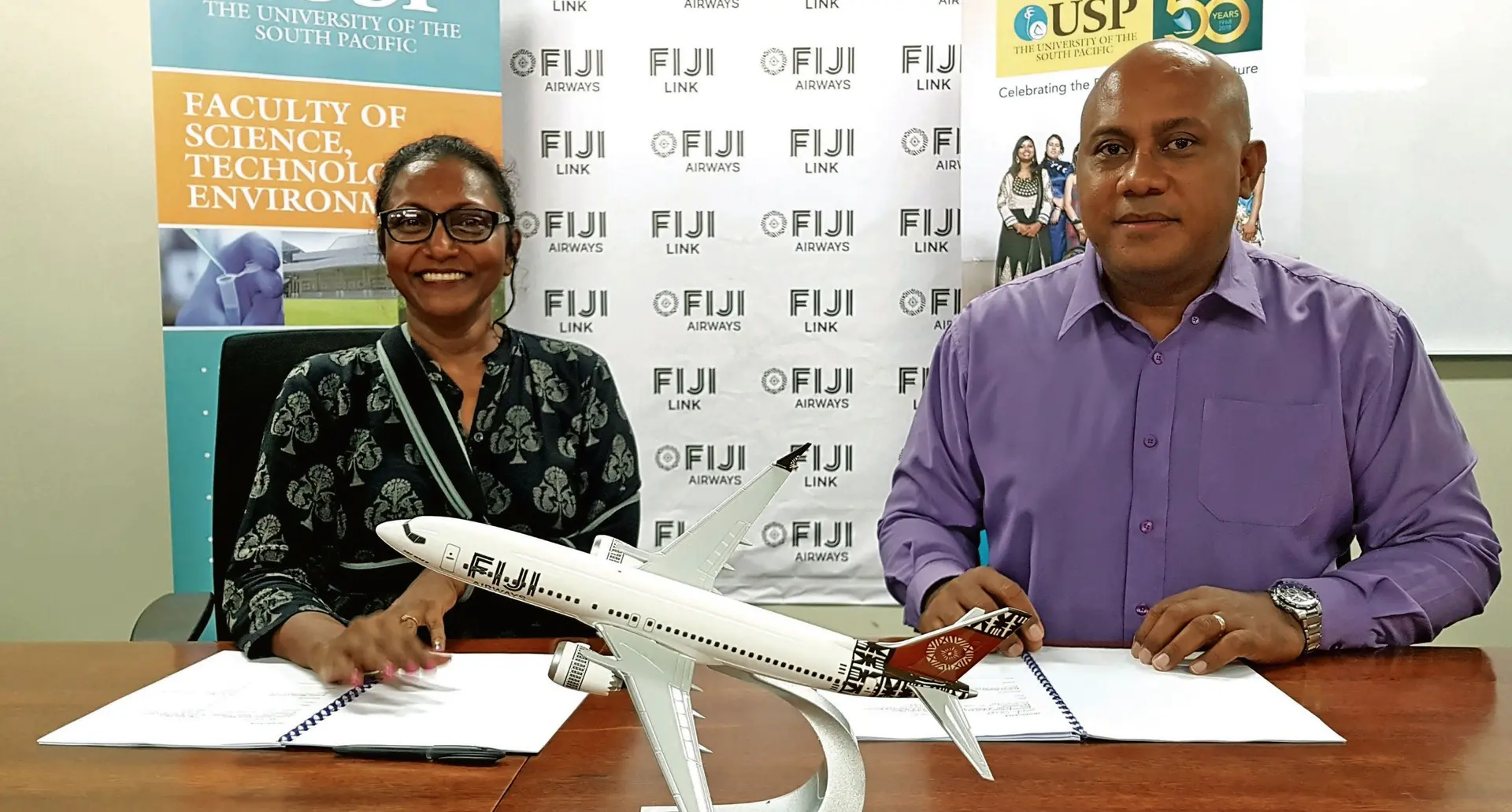 From left: USP Dean of Faculty of Science, Technology and Environment (FSTE) Anjeela Jokhan and Fiji Airways Executive general manager Engineering Thomas Robinson.  Photo: Fiji Airways