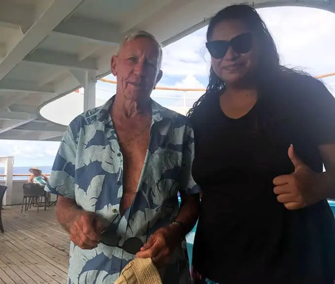 Businessman Graham Eden with Mele Raturaga onboard the Captain Cook Cruises Fiji MV Reef Endeavour, three/four Night Yasawa Islands Cruises from December 28, 2020 to January 2, 2021.