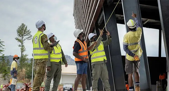 Personnel from the Republic of Fiji Military Forces and the Australian Army during construction of Blackrock Peacekeeping and Humanitarian Assistance and Disaster Relief Camp in Nadi. Photo: Australian High Commission.