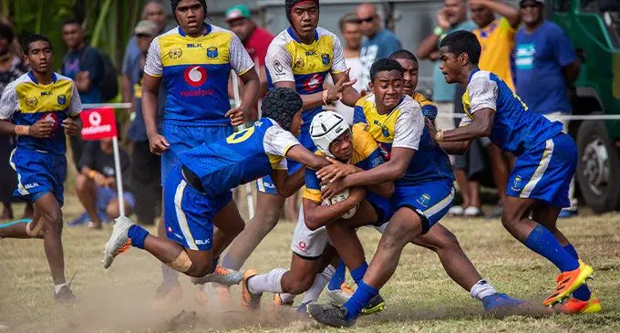 Action from Ratu Kadavulevu School and Natabua High School Under-15 semi-final at Prince Charles Park, Nadi, today. Photo: Leon Lord