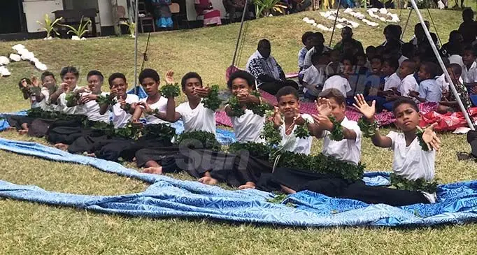 Students of Batiki District School performing a meke before the Prime Minister and his entourage. Photo: Kelera Sovasiga