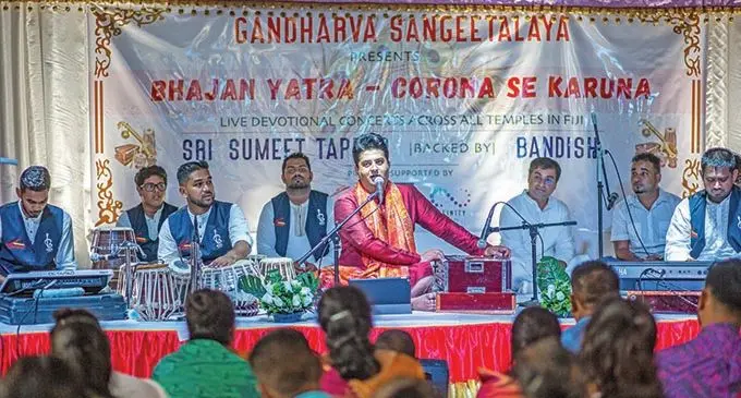 Bollywood singer Summet Tappoo entertaining the crowd during the Gandharva Sangeetalaya Bhajan Yatra in Nadera, Nasinu on the December 13, 2020. Photo: Leon Lord