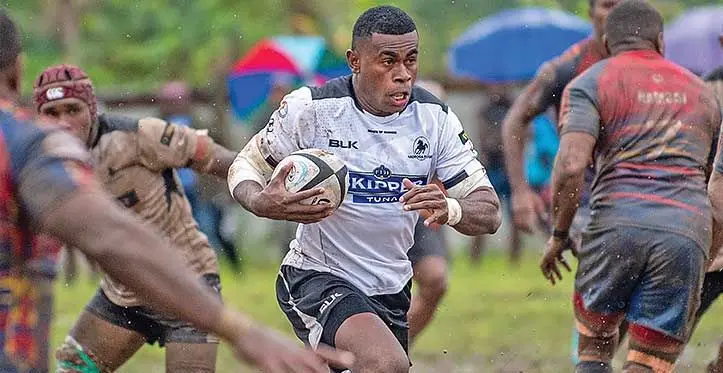 Nadroga winger Taniela Rakuro makes his run against Namosi in their Skipper Cup clash at Thomson Park, Navua, on July 15, 2023. Rakuro came in the second half to set up a try before scoring another. Photo: Leon Lord