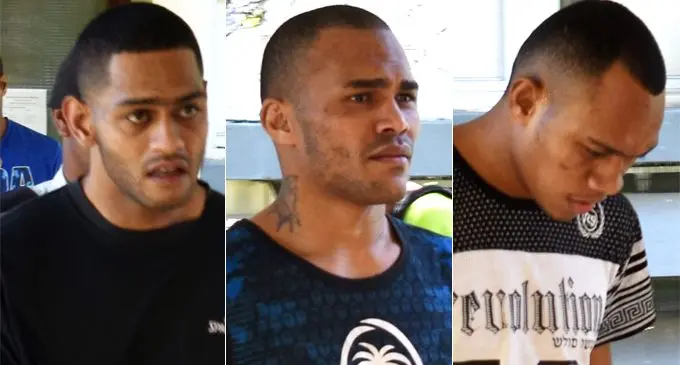 L-R: Savenaca Vunisa, Tevita Sausau and Sikeli Vakasilimi  at the Nadi Magistrates Court on July 2, 2020.  Photo: Waisea Nasokia