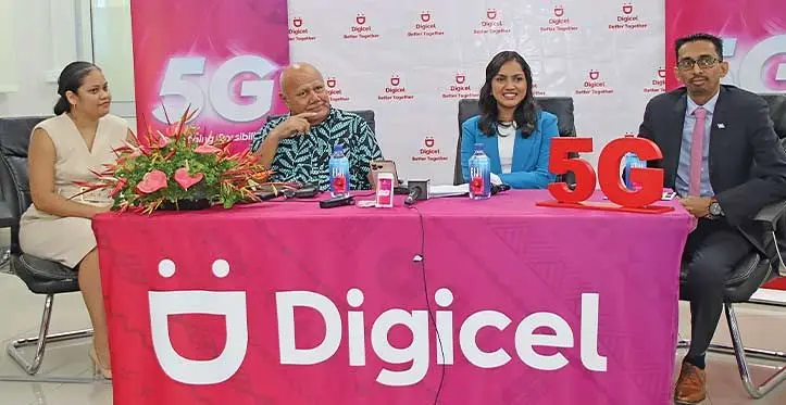 Sitting from left: Communications director general, Tupou’tuah Baravilala, Minister for Communications, Viliame Gavoka, Digicel regional chief executive officer (CEO), Shally Jannif and Digicel Fiji chief executive officer, Farid Mohammed at the official announcement at Valelevu on May 10, 2023.