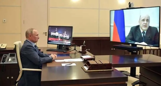 Russian President Vladimir Putin attends a meeting with Prime Minister Mikhail Mishustin via teleconference call at the Novo-Ogaryovo state residence outside Moscow, Russia, on April 30, 2020. (Kremlin photo)