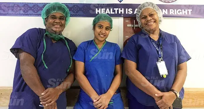 Nurses on the frontline against COVID-19 (from left) Sera Lusio, Taouea Tita and Sera Saro at the Colonial War Memorial Hospital in Suva on April 3, 2020. Photo: Kelera Sovasiga