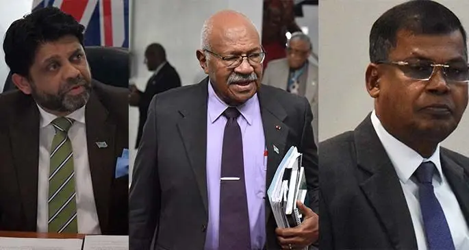 FijiFirst Party general secretary Attorney-General Aiyaz Sayed-Khaiyum, SODELPA caretaker leader Sitiveni Rabuka and NFP leader Biman Prasad.