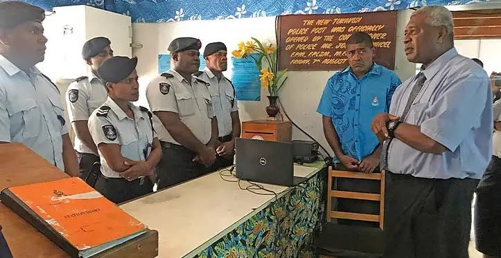 Minister for Home Affairs and Immigration Pio Tikoduadua (right) addressing the police officers at Tukavesi Police Station during his visit in Cakaudrove on April 12, 2023. Photo: Shratika Naidu