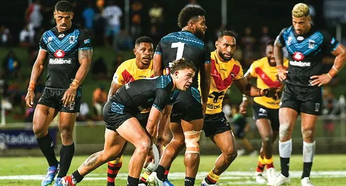 Vodafone Fiji Bati’s Kurt Donoghoe looks for support during their Pacific Bowl Championship clash against Papua New Guinea Kumuls at the HFC Bank Stadium, Suva on October 19, 2024. Photo: Josua Buredua