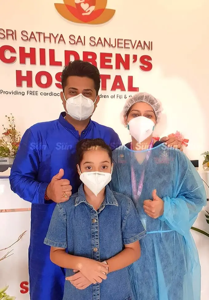 Sejal Raj, 10, with the Sri Sathya Sai Sanjeevani Hospital director Dr Krupali Tappoo and Sai Prema Fiji Foundation director Sumeet Tappoo before she was discharged from the hospital in Suva on May 1, 2022. Photo: Inoke Rabonu