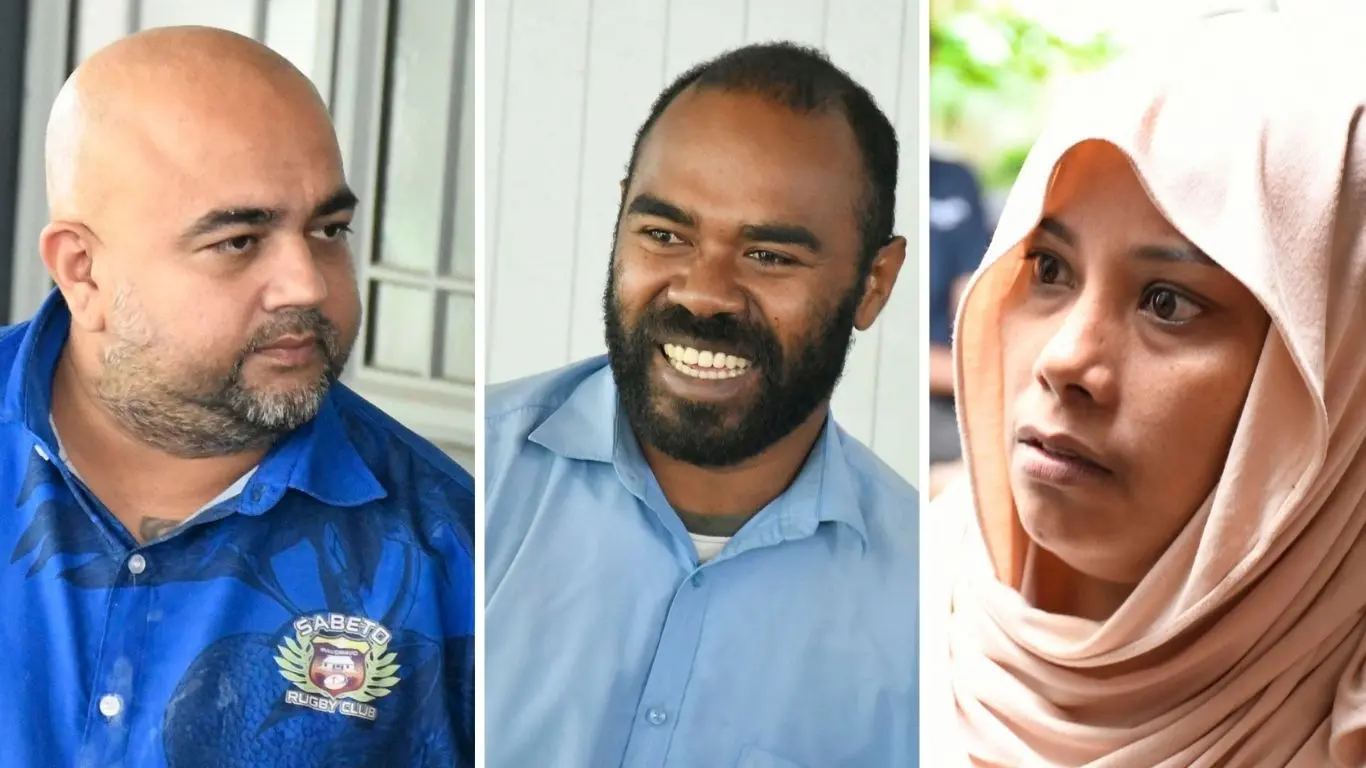From left: Samuel Heritage, Alvin Singh and Fareen Nisha at the Suva Magistrate Court on September 21, 2026.