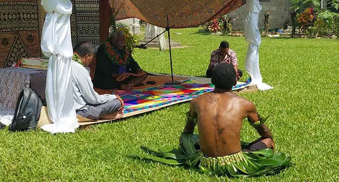 Methodist Church President Reverend Ili Vunisuwai officiates at the traditional handing over ceremony of the 118 year old church at Nakoronawa Village in Nakasaleka, Kadavu on April 16, 2022. Photo: Wati Talebula-Nuku
