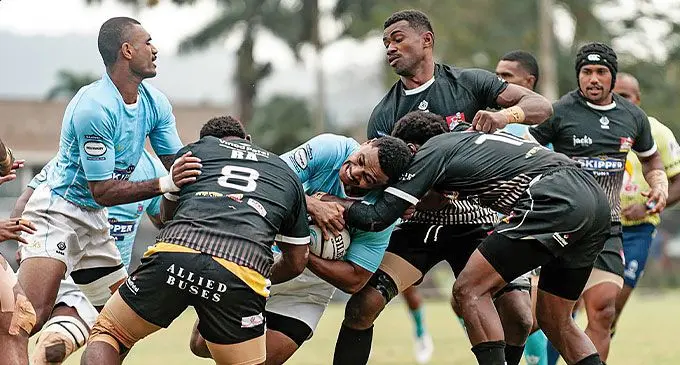 A Suva player secures possession against Ba during their Skipper Cup quarter-final match at Albert Park on June 8, 2024. Suva won 28-16.