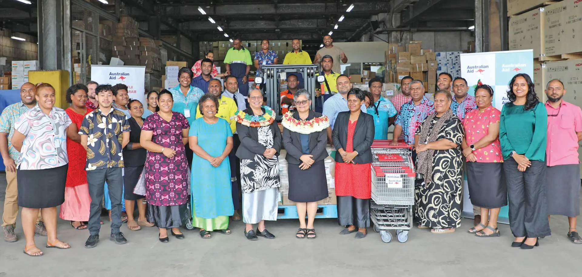 The gift, received by the Fiji Pharmaceu­tical and Biomedical Services (FPBS), includes a forklift, laptops, trolleys and 14,000 saline IV solutions. 