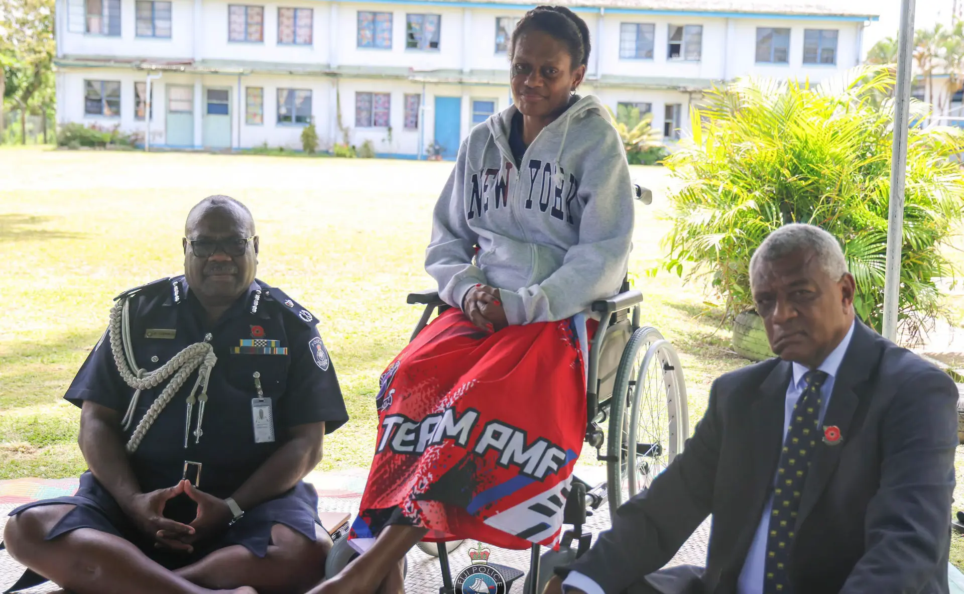 From left: Commissioner of Police Rusiate Tudravu, Police Constable Senoveva Tikoduadua with her father Minister for Defence & Veterans Affairs Pio Tikoduadua on October 28, 2026.