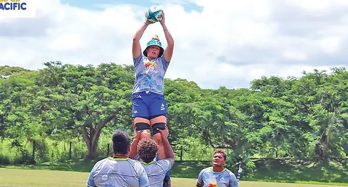 Rooster Chicken Fijian Drua lock Jade Coates during their lineout session at the International School Nadi ground on March 22, 2024. Photo: Fijian Drua