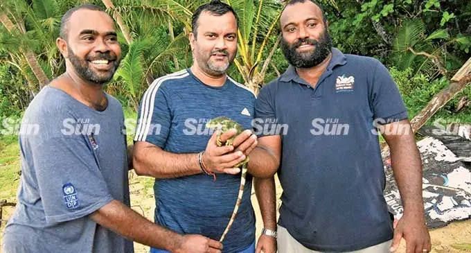 Standing Committee on Justice, Law and Human Rights Chair, Alvick Maharaj (middle), at the Floating Island in Wainikoro in Bua, the home of the crested Fijian Iguanas. On the left is SODELPA MP Mosese Bulitavu.