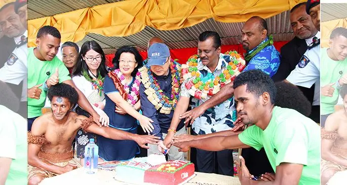 Minister for Youth and Sports Praveen Bala with (third from right) invited guest and participants cut the cake during the opening of the Fiji Police Force Southern Division 2019 Youth Sports Tournament at Albert Park in Suva on September 27, 2019. Photo: DEPTFO