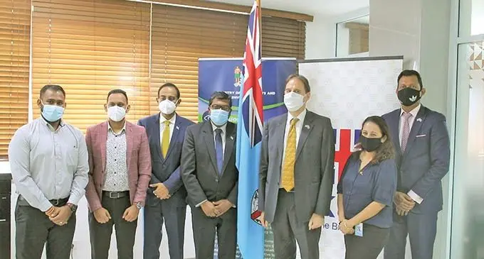 From Left: Ministry of Waterways Acting Director Alvin Reddy, Director Policy & Research Vinay Singh, Permanent Secretary for Environment Joshua Wycliffe, Minister for Waterways Mahendra Reddy, British High Commissioner to Fiji George Edgar, Director Environment Sandeep Singh and Pacific CSF Progress Manager for the British High Commission in Suva Amitesh Prasad on August 25, 2021. Photo: Ministry of Waterways