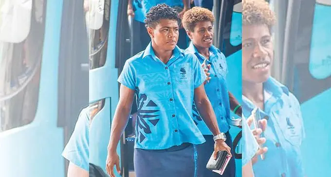 Fiji Airways Fijiana 7s captain Rusila Nagasau and Lavena Cavuru at the World Harvest Centre Church in Kinoya, Nasinu, where they were farewelled on July 17, 2022. Photo: Supplied