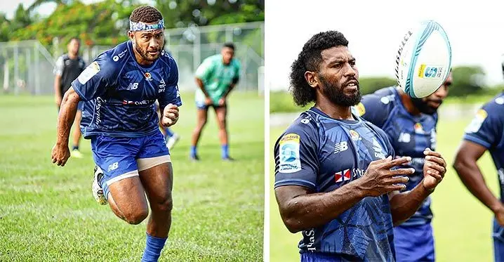 Swire Shipping Fijian Drua first five eighth Teti Tela and Swire Shipping Fijian Drua halfback Frank Lomani. Photo: Fijian Drua Media