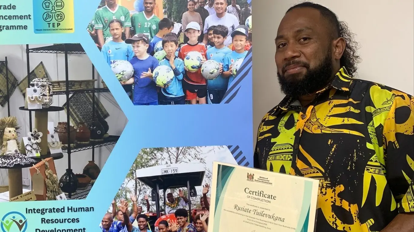 Rusiate Tulevukana displays his certificate after completing a three-day small business training programme on August 12, 2026.