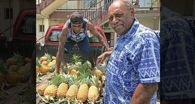 Erami Biaunisala (right) with his relative, Mikaele Napo selling pineapples in Labasa on November 10, 2022. Photo: Shratika Naidu