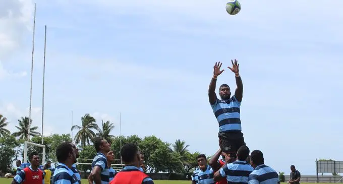 Fijian Warriors lock Tevita Ratuva takes a two handed catch in a lineout move during training at Buckhurst Park, Suva on March 11, 2018. Photo: Simione Haravanua