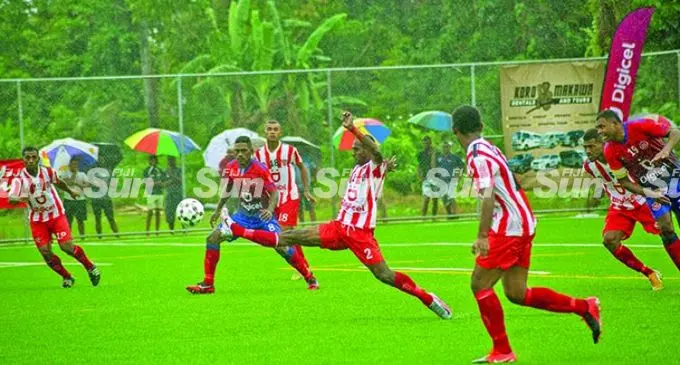Labasa defender Lino Iliesa kicks towards Taniela Waqa during their match against Navua at the Uprising Sports Centre in Pacific Harbour, Deuba on March 15, 2021. Labasa will take on Nasinu at 12pm at ANZ Stadium on Sunday while Navua will host Nadroga at the Uprising Sports Complex in Pacific Harbour at 3pm. Photo: Leon Lord