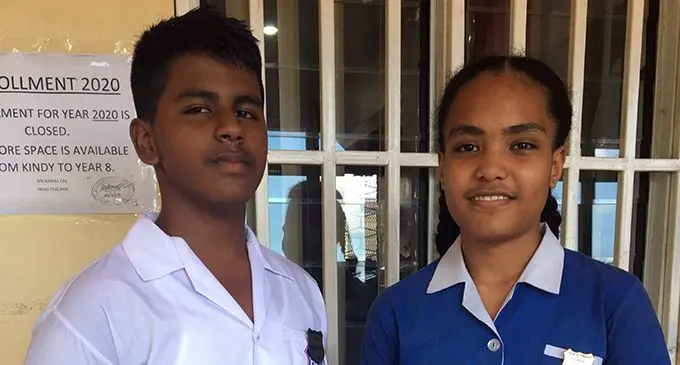 From left; Rishikul Primary School head boy Navneel Pratap with head girl Christine Kotoisuva after the school prefects induction ceremony in Nasinu on February 5, 2020. Photo: Renu Radhika