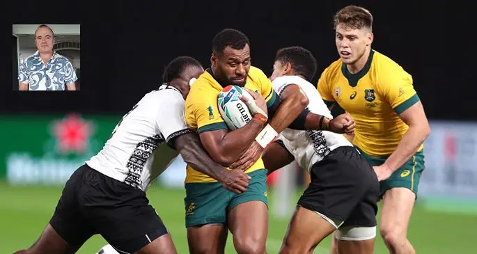 Fijian-born Australian Wallabies centre Samu Kerevi in action against Fiji during the Rugby World Cup in Japan on September 21, 2019. Inset: Australian High Commissioner to Fiji John Feakes.