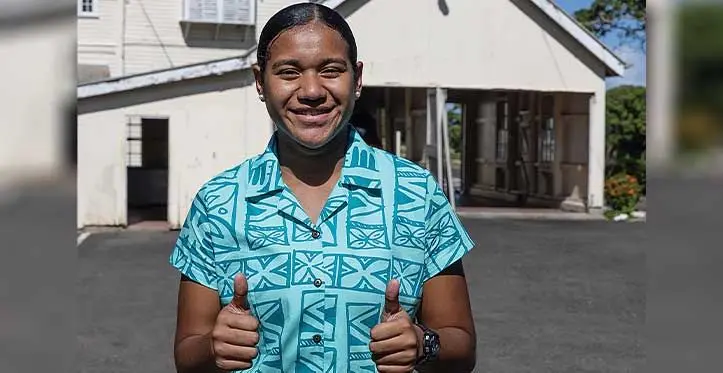 Fiji Pearls youngest team member Elina Catherine Drikibau outside the State House on July 10, 2023. Photo: Sereana Salalo