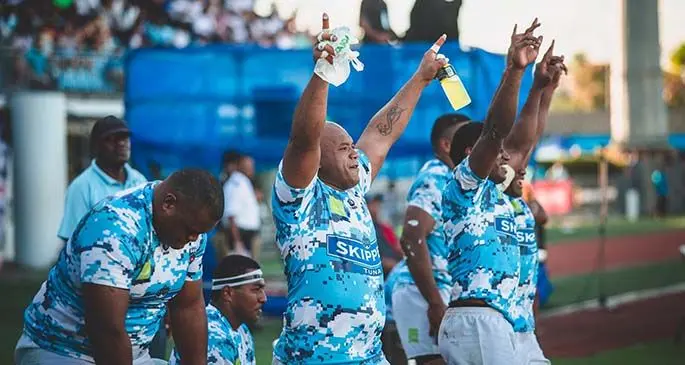 Defending champs- Suva captain Sireli Ledua (second from left) celebrates after they beat Nadroga 34-26 in the 2019 Skipper Cup Premier final at the ANZ Stadium, Suva. Photo: FRU Media