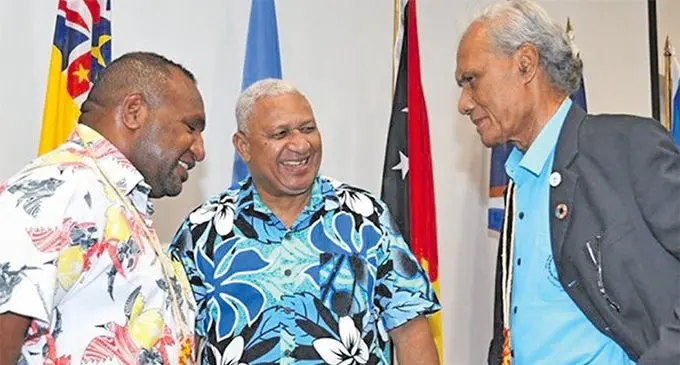 From left: Papua New Guinea Prime Minister James Marape, Prime Minister Voreqe Bainimarama and the late Tongan Prime Minister, ‘Akilisi Pohiva, at the Pacific Islands Forum meeting in Tuvalu last month.