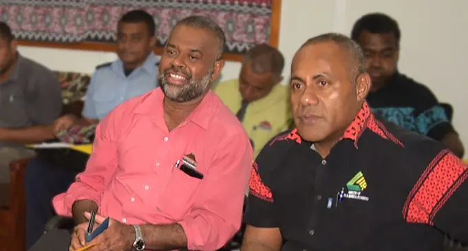 Representative from the iTaukei Affairs Board Filimoni Naiqumu (front, left) with Ministry of Lands’ Josefa Vuniamatana and other participants during Vunidawa Advisory Landuse Zoning Plan Consultation Workshop in Suva on March 23, 2022. Photo: Laisa Lui