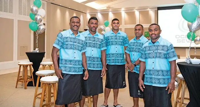 Fijian men’s rugby 7s team during the official opening of the 2021 PacificAus Sports Oceania Sevens competition at the The Ville Resort- Casino in Townsville on June 23, 2021. From left: Jiuta Wainiqolo, Kavekini Tabu, Meli Derenalagi, Livai Ikanikoda, Waisea Nacuqu. Photo: Oceania Rugby