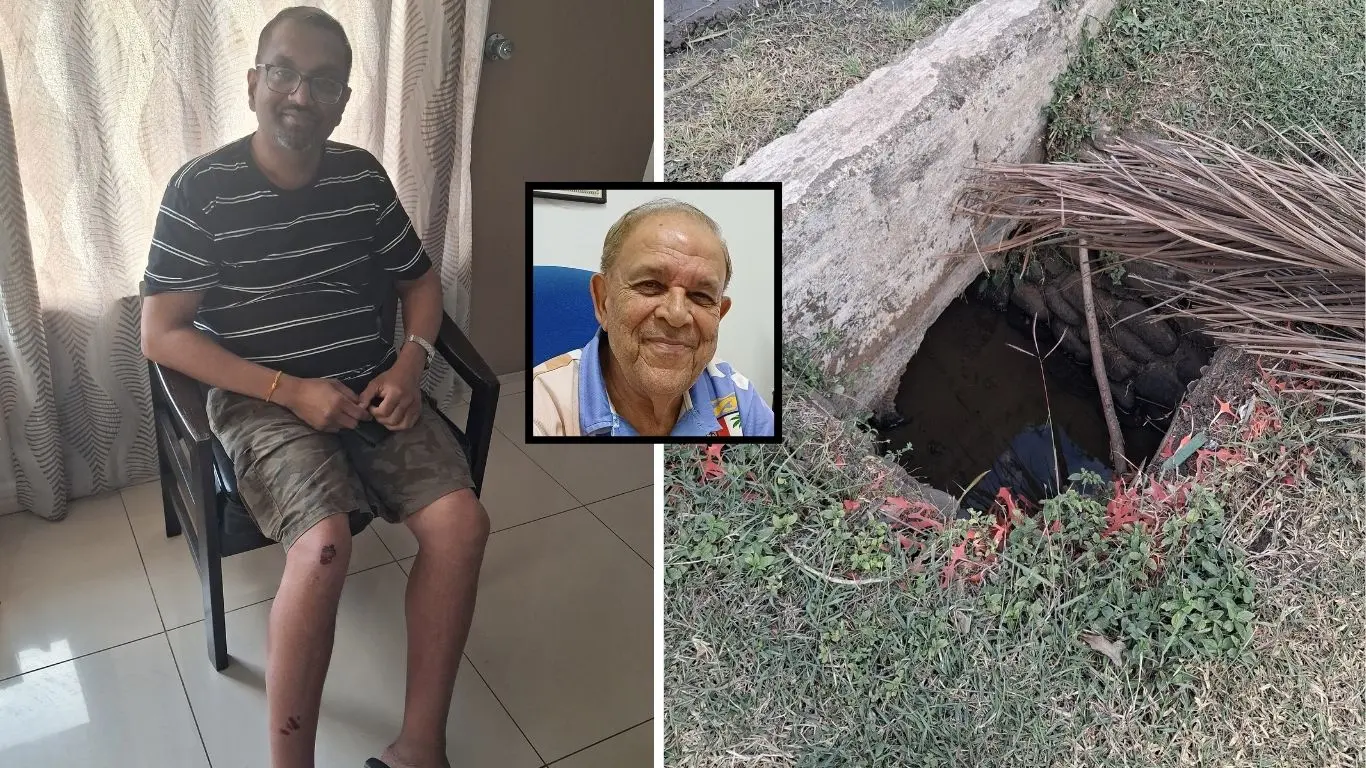 (Left) Shalendra Ram, who was injured after falling into a manhole, in Labasa on July 16, 2026. Right: An uncovered manhole near Macuata House in Labasa on July 16, 2026. (Inset) Labasa Town Council special administrator Paul Jaduram.