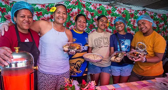 From left: GMJ’s Catering and Services staff Tupou Vola, (co-owner) Fane Vereivalu, Emele Naivalu, Grace Volau, Lia Volau and Esala Talemainaivalu in their food stall at the Suva foreshore on September 3, 2024. Photo: Leon Lord