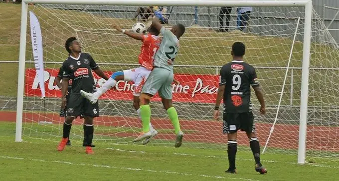 Lanky Rewa midfielder Gabirieli Matanisiga challenges Bargain Box Ba goalkeeper Misiwani Narube that led to Rewa’s winning goal during the Punjas Battle of the Giants tournament at Churchill Park, Lautoka, on August 28, 2022. Photo: Waisea Nasokia