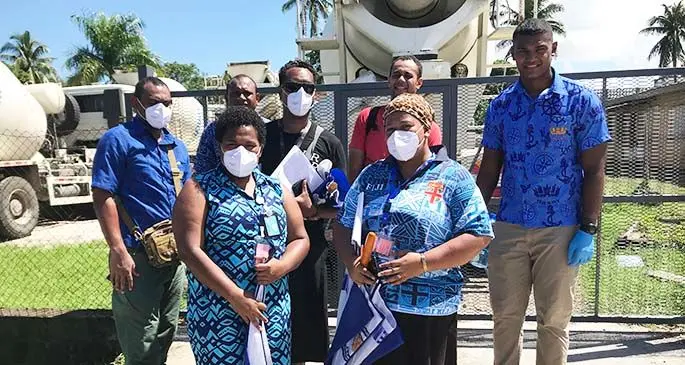 Ministry of Health officials with the Republic of Fiji Military Forces, Naval Division officers at Vatuwaqa, Suva, conducting the COVID-19 community screening programme on April 12, 2020. Photo: Ilaijia Ravuwai