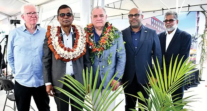 From left: Phil Burns director, Sinclair Brook, Deputy Prime Minister and Minister for Finance, Biman Prasad, Hilton area vice president and head of Hilton Australia, Paul Hotton, Director Development Australia, Tushar Raniga and Carpenters Fiji Limited retail and marketing director Kunaseelan Sabaratnam during the ‘Topping Off’ ceremony of Hilton Garden Inn, Suva on September 19, 2024. Photo: Ronald Kumar
