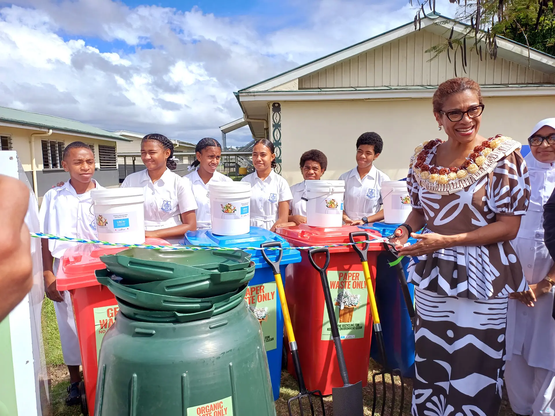 Minister for Environment and Climate Change Lynda Tabuya, with students during the launching of the waste management initiative at Labasa College on May 21, 2026. 