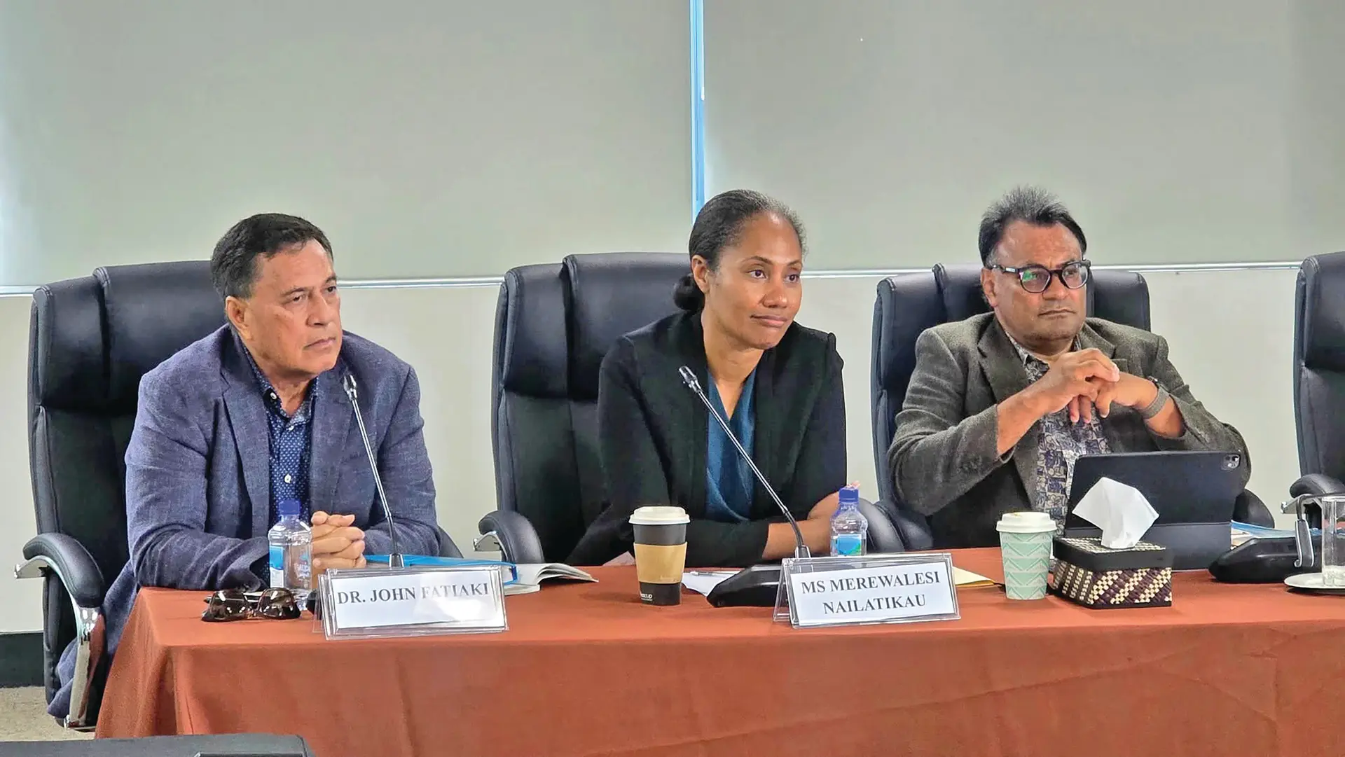 Members of the Constitutional Review Commission - John Fatiaki (left), Merewalesi Nailatikau and Conway Beg receiving submissions on July 6, 2026.