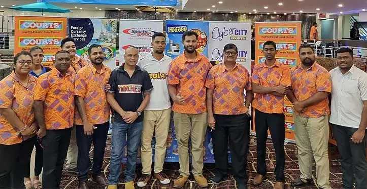 Courts Fiji staff with representatives from Sports World, Cyber City and radio announcers after the 35 winners for the birthday promotion was announced at the Court Mega Samabula store on August 5, 2023. Photo: Laiseana Nasiga.
