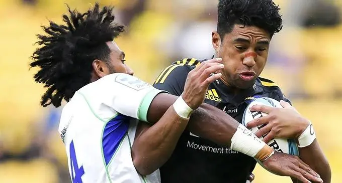 Hurricanes flyer Salesi Rayasi is tackled by Swire Shipping Fijian Drua counterpart Selestino Ravutaumada during their Super Rugby match in Wellington on May 8, 2022. Drua will take on Moana Pasifika at 4:35pm this Saturday at CommBank Stadium, Sydney.